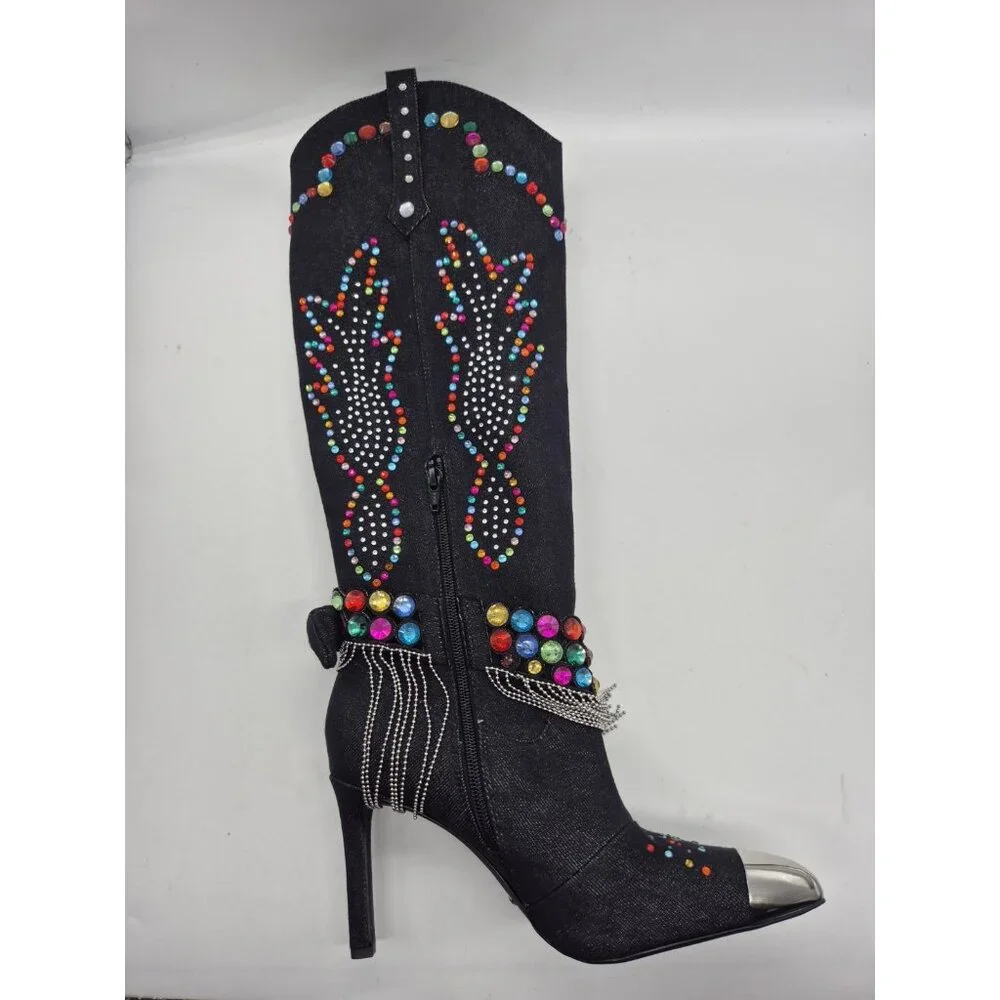 Gianni Bini Women's Boots Size 7 Kaitlin Rhinestone Fringe Denim Cowboy Black